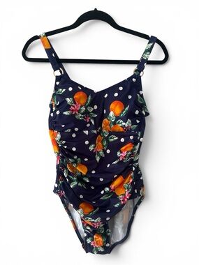 Isaac Mizrahi Navy Floral & Orange Fruit One-Piece Swimsuit